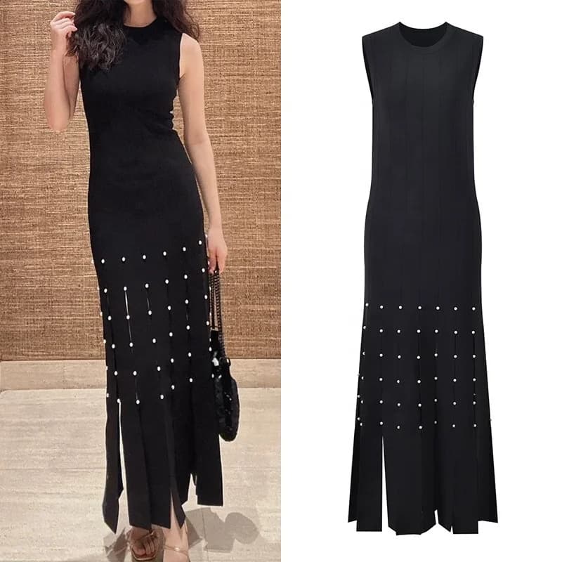 OUDINA Luxury Casual Tassel Pearl Sleeveless Bodycon Dress